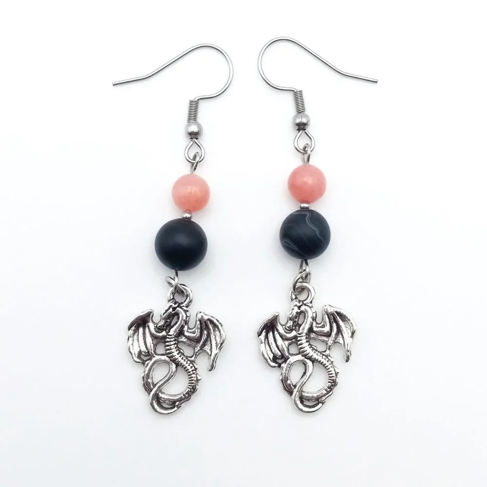 Dragon Quartz Agate Healing Chakra Gemstone Dangle Drop Earrings Handmade - Picture 2 of 6